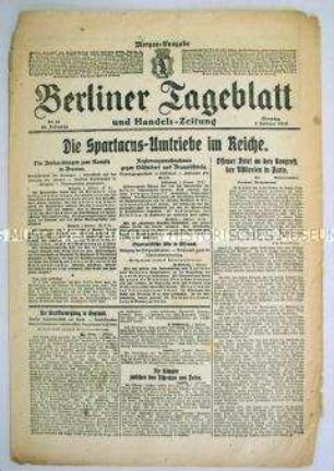 "Berliner Tageblatt" zu den revolutionären Kämpfen in Bremen und im Ruhrgebiet (Spartakus-Aufstand)