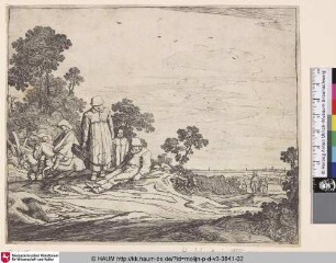 [Stehende Bäuerin neben einem sitzenden Bauern; Woman With a Basket and a Boy Standing near a Peasant Seated; Landschap met ruiters]