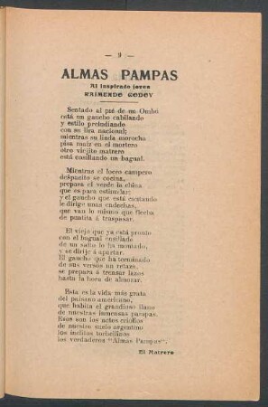 Almas pampas : Al inspirado joven Raimundo Godoy