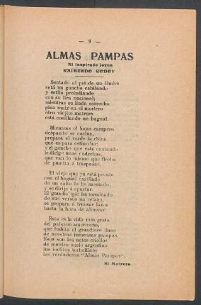 Almas pampas : Al inspirado joven Raimundo Godoy