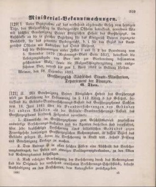 121. Ministerial-Bekanntmachung, die Brandversicherungen von Gebäuden bei anderen Anstalten als der Gebäude-Brandversicherungs-Anstalt des Großherzogthums betreffend