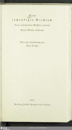 Vom inwendigen Reichtum : Texte unbekannter Mystiker aus dem Kreise Meister Eckharts