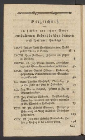 Verzeichniß der im sechsten und letzten Bande enthaltenen Lebensbeschreibungen rechtschaffener Presiger.