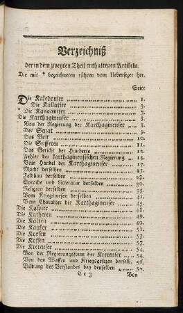 Verzeichniß der in dem zweyten Theil enthaltenen Artikeln