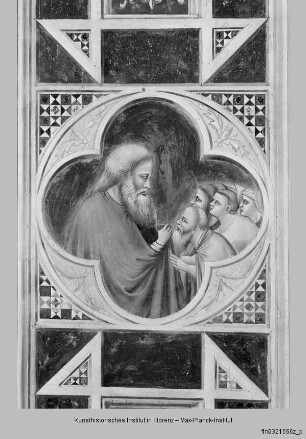 Leben Christi (obere Zone Nord bis Judasverrat) und Präfigurationen : Einzug in Jerusalem : Rahmenfeld mit Empfang des Elischa vor Jericho