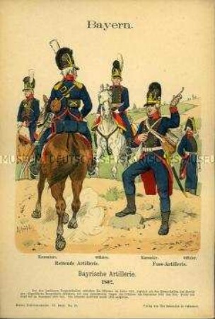 Uniformdarstellung, Kanoniere und Offiziere der Reitenden Artillerie bzw. der Artillerie zu Fuß, Kurfürstentum Bayern, 1802.