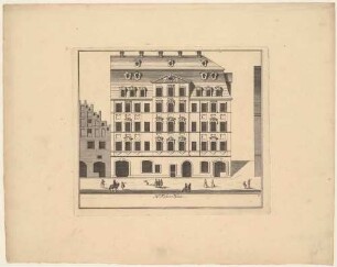 Fabers Haus in Leipzig, Fassade mit Staffage, Blatt 4 aus einer Reihe Leipziger Wohnhäuser und Palais’