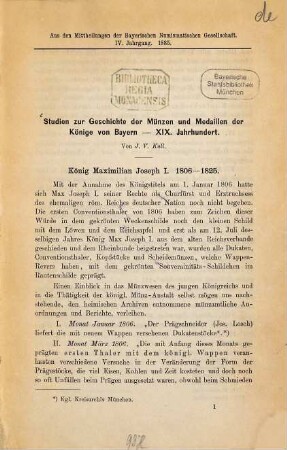 Studien zur Geschichte der Münzen und Medaillen der Könige von Bayern : XIX. Jahrhundert