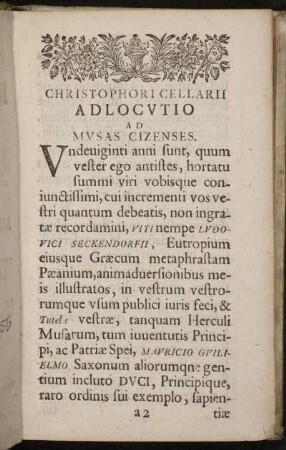 Christopheri Cellarii Adlocutio Ad Musas Cizenses.