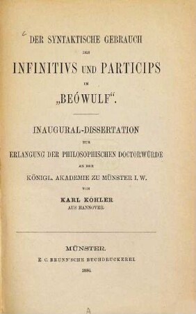 Der syntaktische Gebrauch des Infinitivs und Particips im "Beówulf"