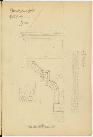 Schloss Marburg, Marburg: Seitenansicht, Details Kamin im Rittersaal (aus: Skizzen- und Fotoalbum 2)