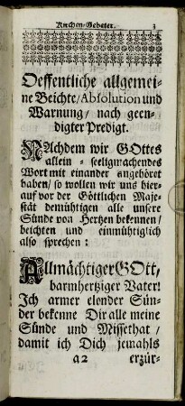 Oeffentliche allgmeine Beichte, Absolution und Warnung, nach geendigter Predigt.