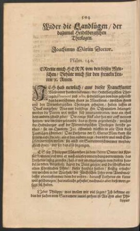 Wider die Landlügen/ der dazumal Heidelbergischen Theologen. Joachimus Mörlin Doctor.