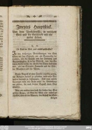 Zweytes Hauptstück. Von dem Verhältnisse, in welchem Gott und die Geschöpfe mit einander stehen.