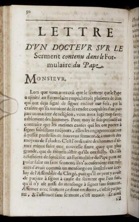 Lettre D´Un Docteur Sur Le Serment contenu dans le Formulaire du Pape