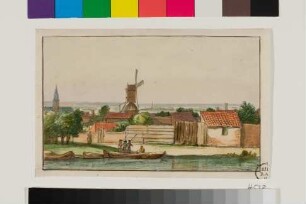 Holländische Kanallandschaft mit Kirche und Windmühle