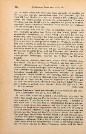 214-215 [Rezension] Bornkamm, Günther, Jesus von Nazareth