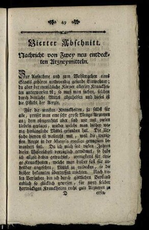 Vierter Abschnitt. Nachricht von Zwey neu entdeckten Arzneymitteln.