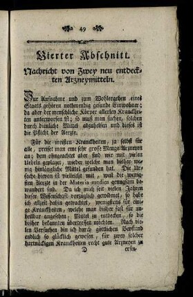 Vierter Abschnitt. Nachricht von Zwey neu entdeckten Arzneymitteln.