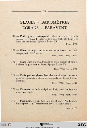 Glaces – Baromètres – Écrans – Paravent (Nr. 170-180)