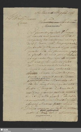 Mscr.Dresd.App.3140,13. - Konzept des Antwortbriefes von Graf Wackerbarth-Salmour an Johann Joachim Winckelmann, München, 09.02.1761