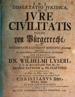 Dissertatio iuridica, De iure civilitatis, vulgo vom Bürgerrecht