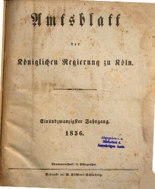 Amtsblatt für den Regierungsbezirk Köln. 1836, 1836