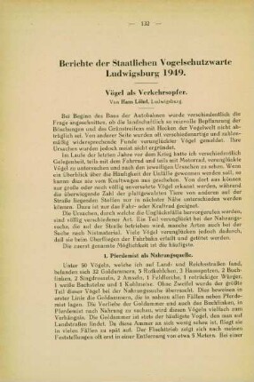 Bericht der Staatlichen Vogelschutzwarte Ludwigsburg 1949