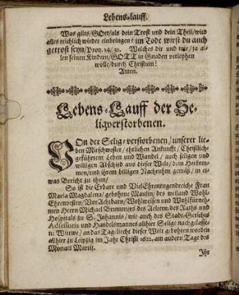 Lebens-Lauff der Seligverstorbenen.