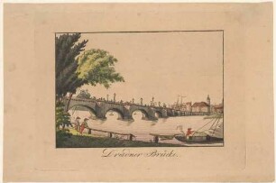 Die Elbbrücke (alte Augustusbrücke, 1727-31 von Pöppelmann) in Dresden, Blick nach Nordwesten auf die heutige Dresdener-Neustadt