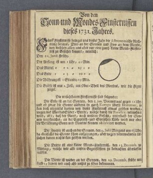 Von den Sonn- und Mondes-Finsternissen dieses 1731. Jahres.