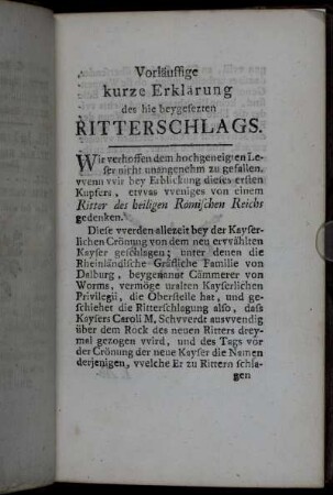 Vorläuffige kurze Erklärung des hie beygesezten Ritterschlags.