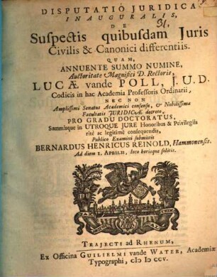 Disputatio juridica inauguralis de suspectis quibusdam juris civilis & canonici differentiis