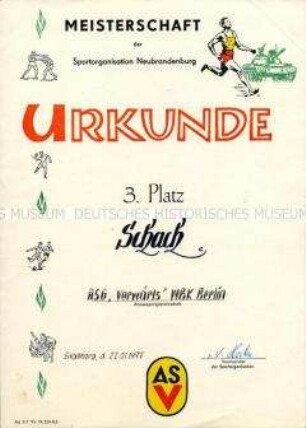 Urkunde für den 3. Platz in der Disziplin Schach bei der Meisterschaft der Sportorganisation Neubrandenburg