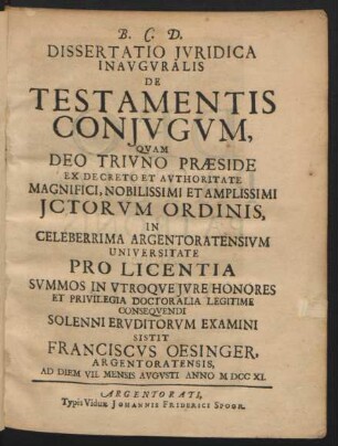 Dissertatio Iuridica Inaugularis De Testamentis Coniugum