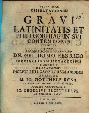 Diss. de gravi latinitatis et philosophiae in sui contemtores vindicta