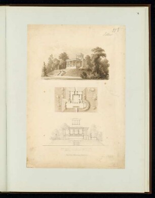 Pavillon über einem Eiskeller Monatskonkurrenz Dezember 1849: Grundriss, Aufriss Vorderansicht, perspektivische Ansicht; 2 Maßstabsleisten