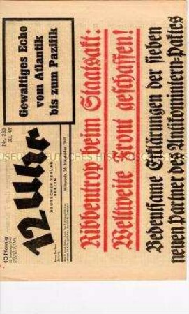 Berliner Tageszeitung "12 Uhr" ("Das 12 Uhr Blatt") zur Verlängerung des Antikomintern-Paktes