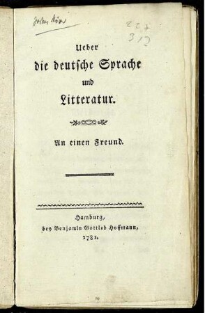 Ueber die deutsche Sprache und Litteratur : An einen Freund