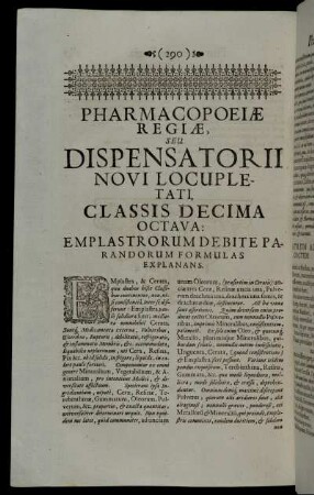 Classis Decima Octava. Emplastrorum Debite Parandorum Formulas Explanans.