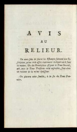 Avis au Relieur.