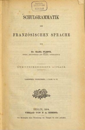 Schulgrammatik der französischen Sprache