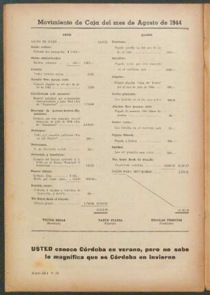 Movimiento de Caja del mes de Agosto de 1944