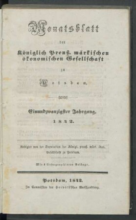 21.1842: Monatsblatt der Königlich Preuß. märkischen ökonomischen Gesellschaft zu Potsdam