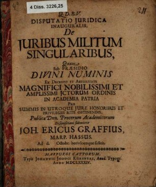 Disputatio Juridica Inauguralis De Juribus Militum Singularibus