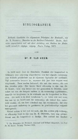Bibliographie. Kritische Geschichte der allgemeinen Principien der Mechanik, von Dr. E. Dühring.