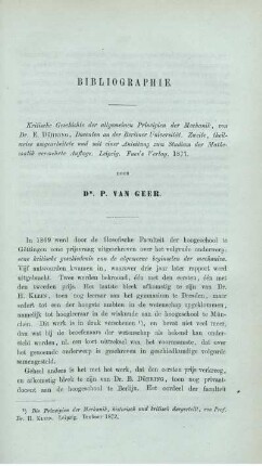 Bibliographie. Kritische Geschichte der allgemeinen Principien der Mechanik, von Dr. E. Dühring.