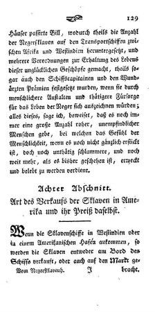 Art des Verkaufs der Sclaven in America und ihr Preis daselbst