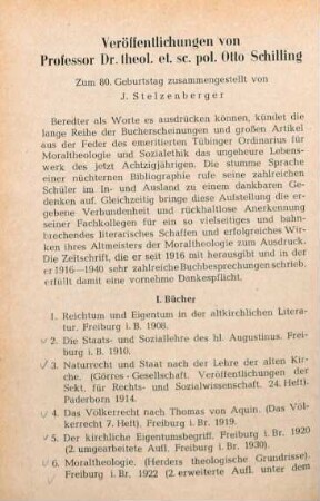 Veröffentlichungen von Professor D. theol. sc. pol. Otto Schilling
