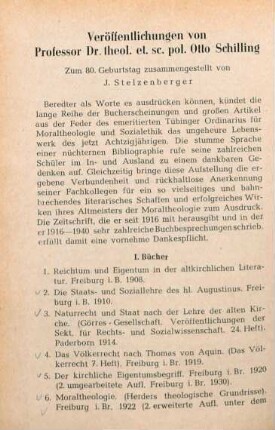 Veröffentlichungen von Professor D. theol. sc. pol. Otto Schilling